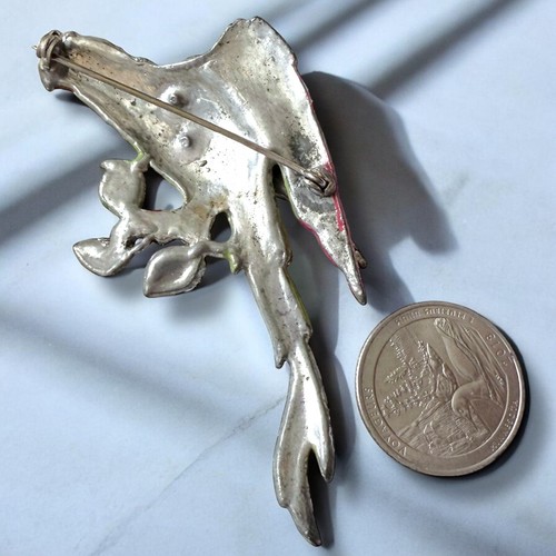 Papagei Vogel Brosche Emaille Strass 40er Jahre Vintage Topf Metall groß signiert - Bild 9 von 9