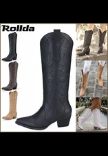 Rollda Women Rodeo Western Boots Embroidery Cowgirl Knee High Fashion Dress Boot
