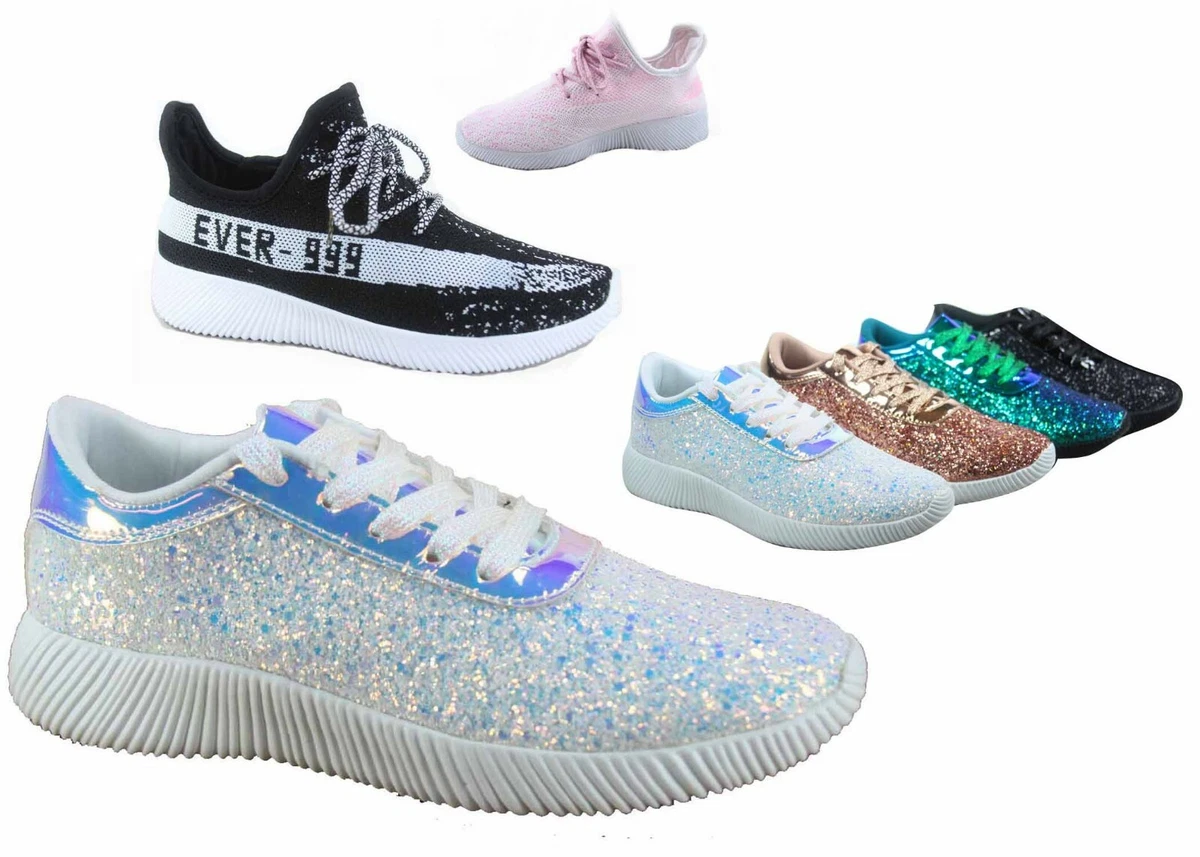 NEW Women s Flat Glitter Lace Up Light Weight Fashion Sneaker Shoes