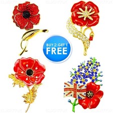 NEW WOMEN RED FLOWER BROOCHES ENAMEL PIN BACKS ANTIQUE VINTAGE BADGES CRYSTAL UK
