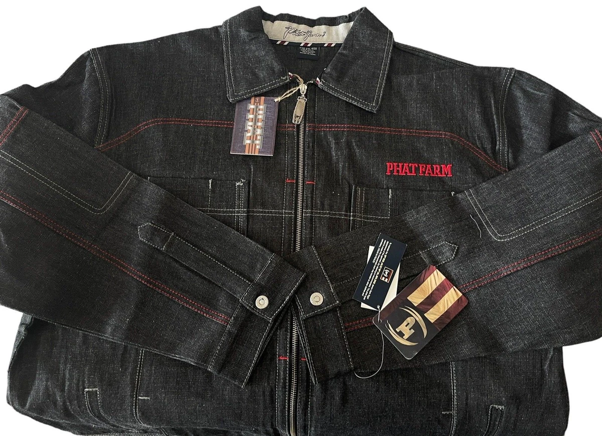 PHAT FARM VINTAGE FULL ZIP RIGID BLACK DENIM JACKET RAP HIP HOP 2XL