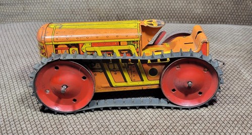 Vintage Marx Toy Wind Up Tin Bulldozer/Tractor Lithograph Yellow & Orange Works! - Picture 2 of 8