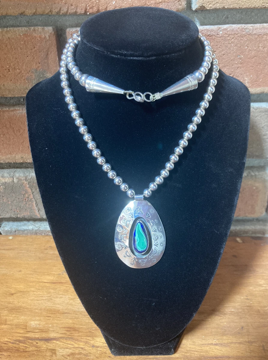 Navajo DARRELL CADMAN Sterling Silver Azurite Malachite Shadowbox Beads Necklace
