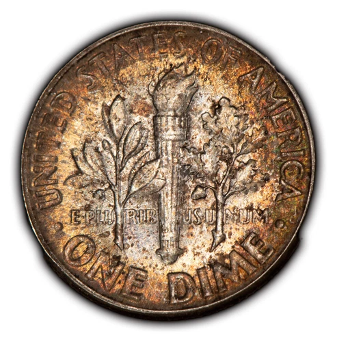 1956 10c Roosevelt Silver Dime - Colorful Toning - BU - SKU-Y5117