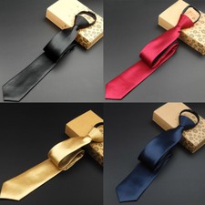 Men Classic 5cm Skinny Zipper Neckties Solid Satin Pre-tied Wedding Party Tie