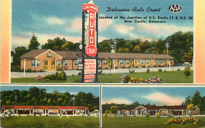 Route 40 Linen Roadside Postcard 3 Views Delaware Auto Court, New Castle, DE