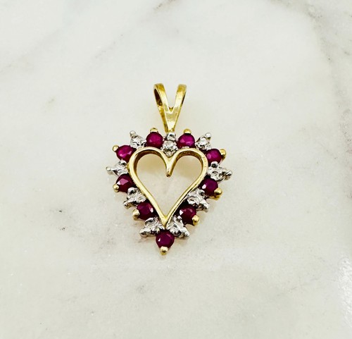 Estate 10K Multi-Tone Gold Ruby w/Diamond Accent Small Heart Pendant 19x13mm - Picture 8 of 13