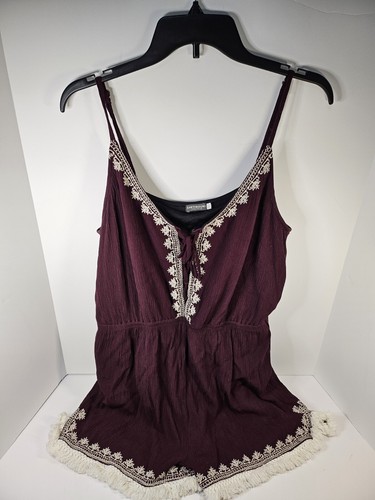 Mameluco boho Earthbound grande granate con correa de espagueti forro de corbata frontal flecos - Imagen 1 de 7