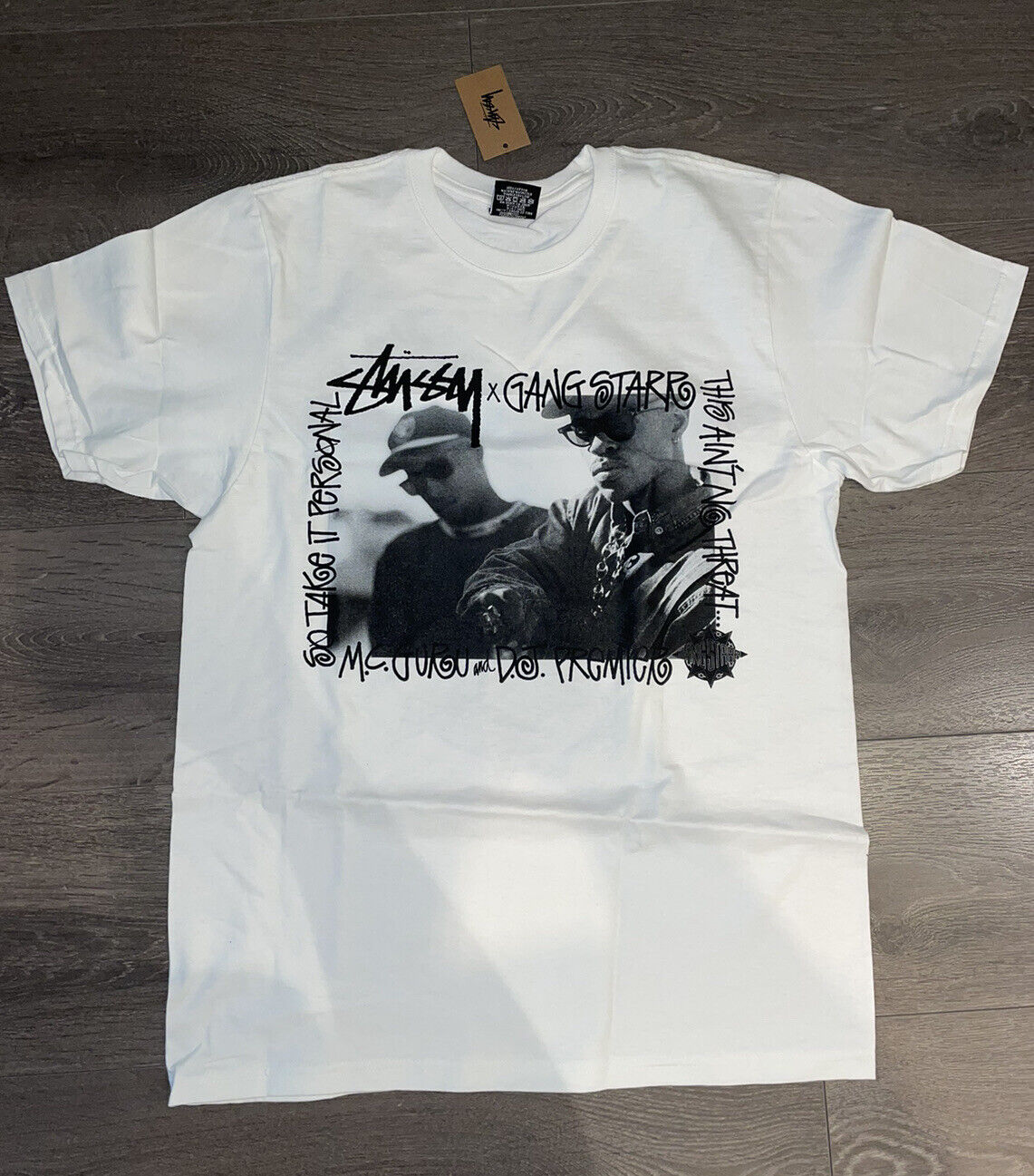 BNWT IN HAND Stussy x Gang Starr Take It Personal white tshirt Small