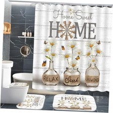 4 PCS White Daisy Shower Curtain Sets,Home Sweet Bathroom Set with Yellow