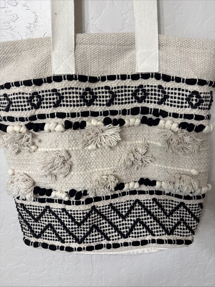 BOHO Chic Tote Purse Bag Cream Black Pom Tassel Bohemian, Hippie 100% Cotton View 2