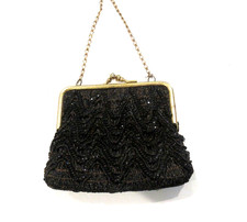 Black sequined chevron pattern purse, silk lining, c. 1950s