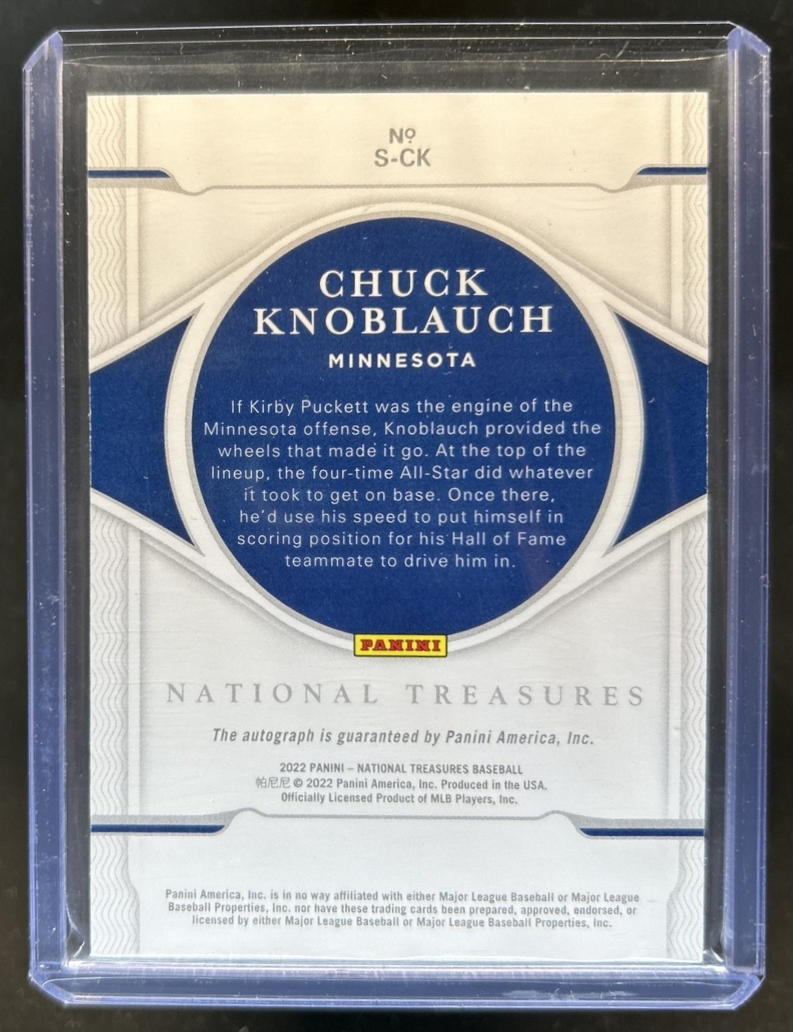 2022 Panini National Treasures Chuck Knoblauch Signatures Auto #/49 Twins view 2