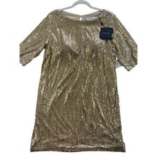 Ieena Mac Duggal Mini Dress 12 Gold Silver Metallic Sequin Shift Short Sleeve