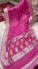 Pink 100 khadi Chiffon Sari Zari Banarasi Woven Designer Saree With Blouse Pce