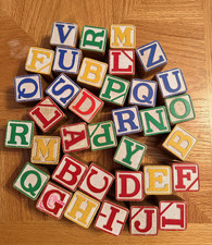 Lot of 35 Vintage Wooden Children's Building Blocks Letters & Numbers 1  5/8"