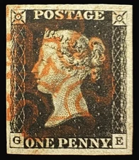 QV sg2 1d black (G-E) Plate 6 with 4 large margins and red Maltese Cross