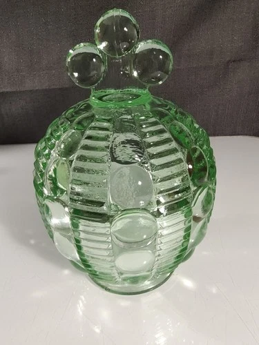 Green Depression Glass Dew Drop Mayflower Dots And Rays Candy Dish