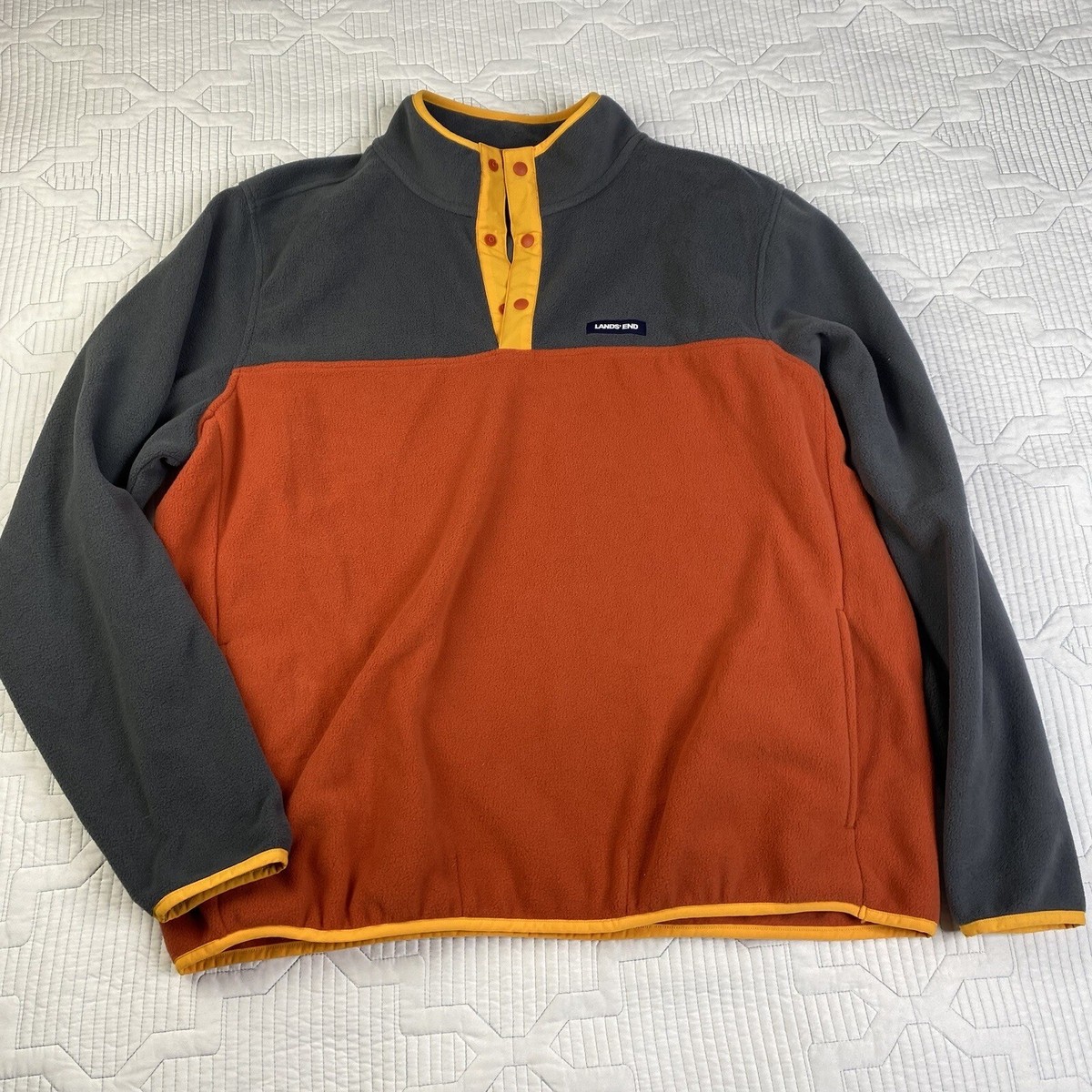 Lands End Men's XL Heritage Fleece Snap Neck Pullover Gray/Orange