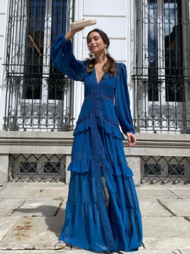 HOT V-neck Long Sleeves Maxi Dress Elegant Ruffles Lace Slim Dresses Party Robes - Picture 6 of 29