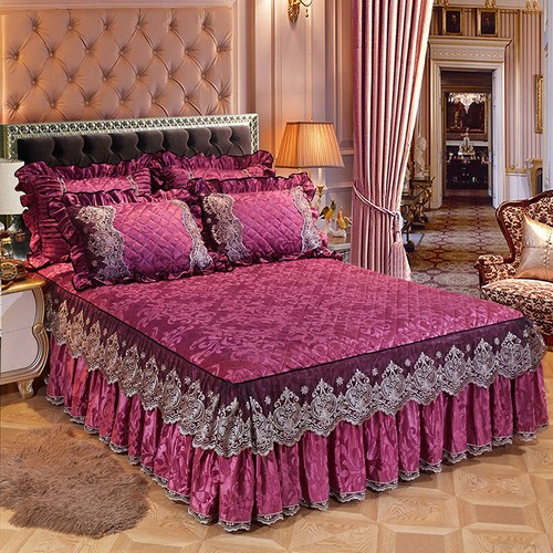Lace Velvet Quilted Bed Skirt Elastic Queen King Dust Ruffle Bedspread Vintage - Picture 5 of 23