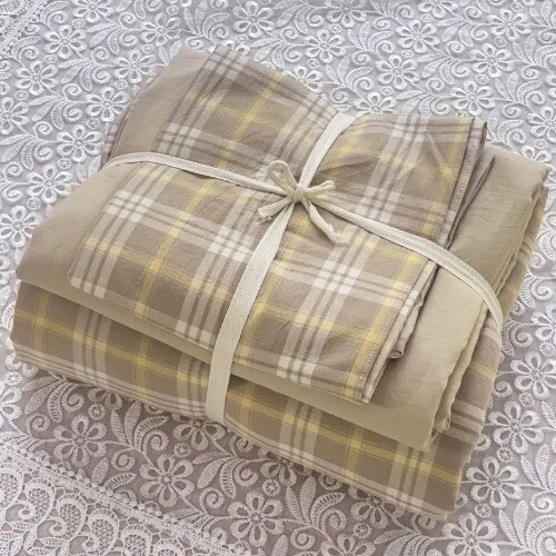 Bedding Sets Plaid Solid Color Washed Cotton Soft Bed Sheet Bed Cover Pillowcase - Photo 5 sur 38