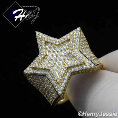 MEN 925 STERLING SILVER ICY BAGUETTE CZ GOLD PLATED 3D DOUBLE STAR RING*GR179
