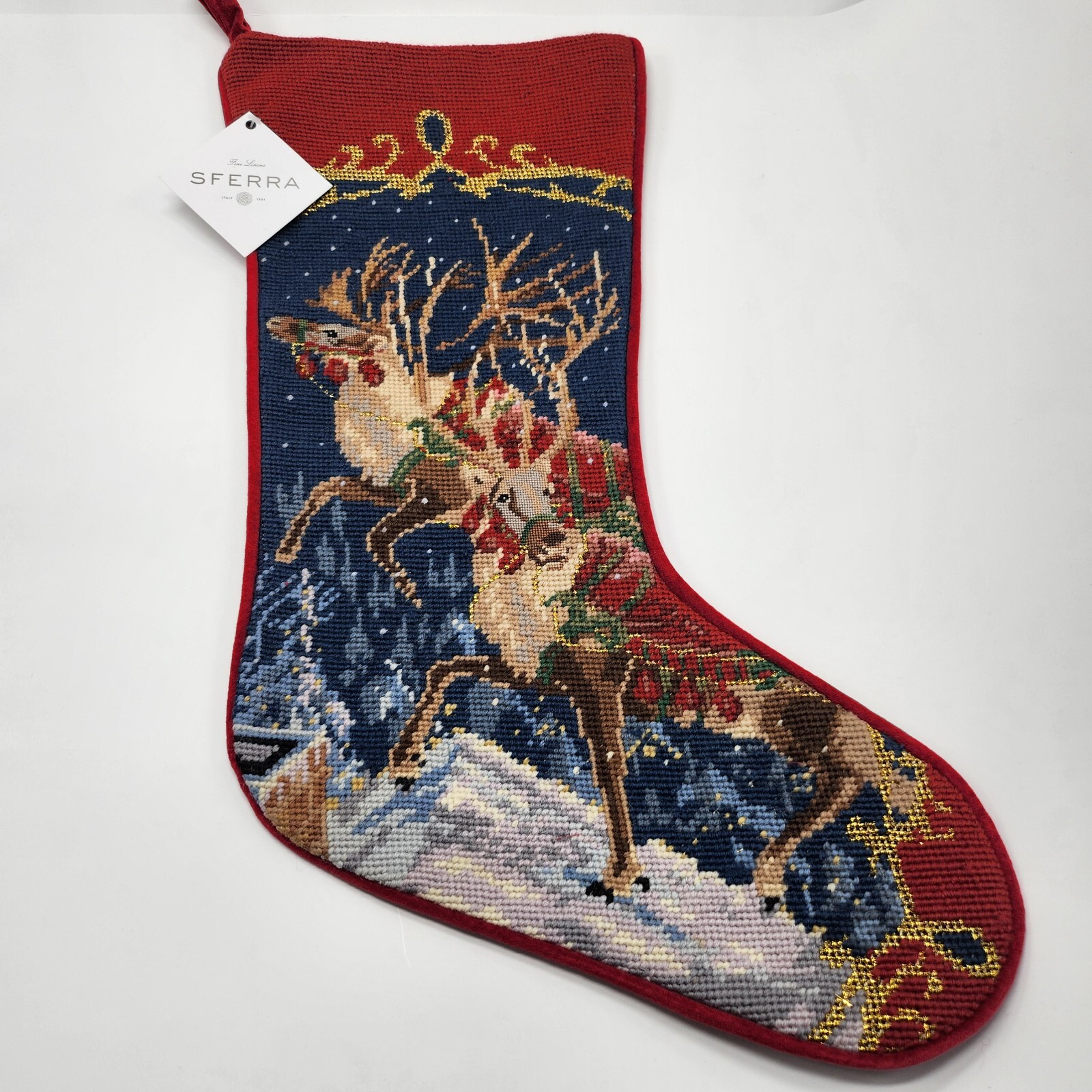 Sferra Needlepoint Reindeer Christmas Stocking Flying Handmade Velvet
