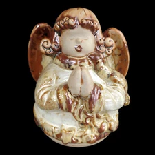 RUSTIC CHRISTMAS ANGEL FIGURE / NATURAL BROWN EARTHENWARE POTTERY & WHITE GLAZE 