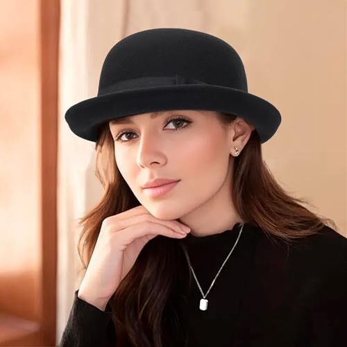 Women-Felt-Cloche-Fedora-Hat - Winter Rolled Church Derby Medium Black-wool - Picture 2 of 7