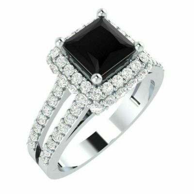 1.75Ct Black Princess Cut Moissanite Double Halo Women 925 Sterling Silver Ring