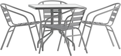 Lila 31.5'' Square Glass Table & 4 Silver Aluminum Slat Stack Chairs