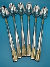 International Stainless Steel W/ Gold Set  Of Six Long Handle Ice Tea Spoons