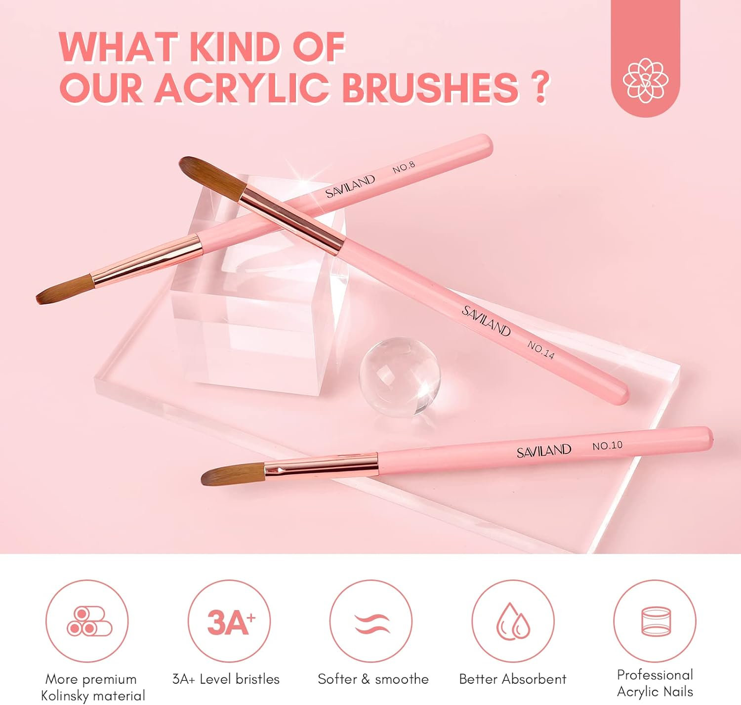 3PCS Acrylic Nail Brush Set Size 8/10/14 3A+ Superior Nylon Acrylic