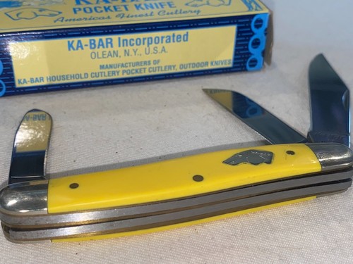 Ka-Bar Yellow Handle Dog Head Stockman Knife made in USA 3-Blade - Picture 4 of 8