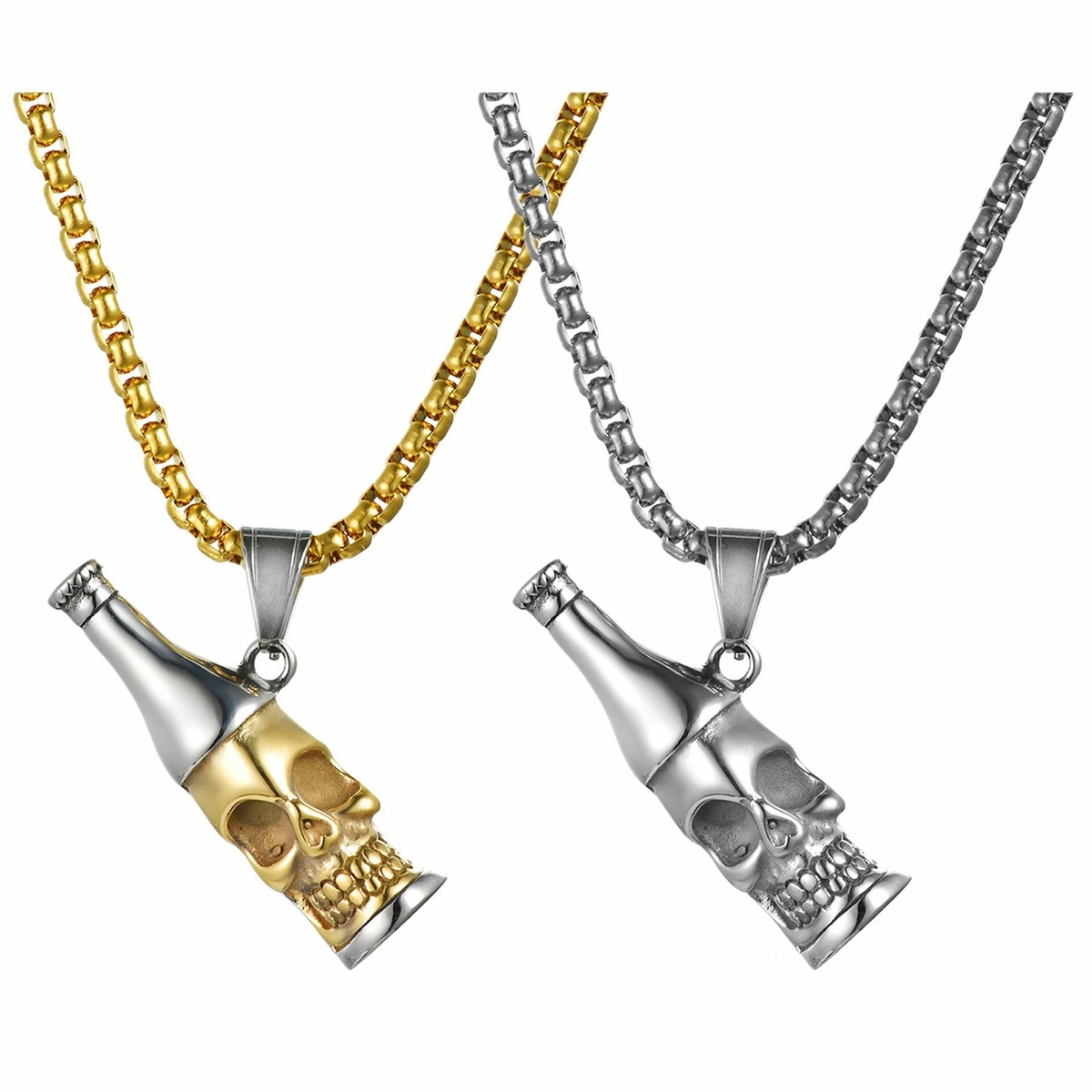 Stainless Steel Beer Bottle Opener Pendant Necklace Punk Gothic Skull Men's  Gift