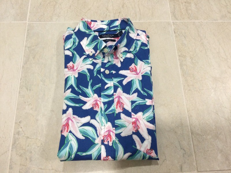 Nautica Men's Pink/Blue Tropical Floral Hawaiian Shirt - Size: Large [Pre-Owned]