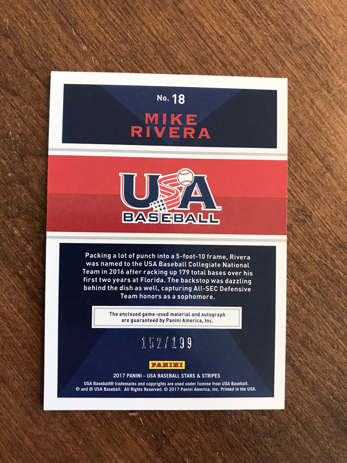 Mike Rivera 2017 USA Baseball Game Jersey Black Ink Auto #18 Tigers Padres /199 view 2