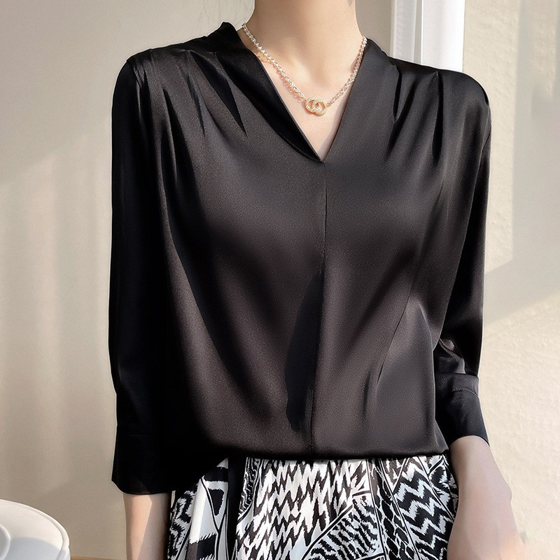 Mulberry Silk Long-sleeved Shirt Women's Morning Satin Chiffon V-neck Top Vest 