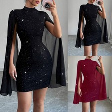 Womens Sexy Mesh Cloak Sleeve Bodycon Pencil Dress Ladies Evening Party Dresses