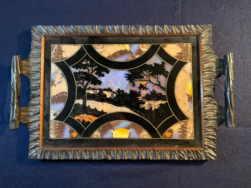 Vintage Rustic Carved Wooden Butterfly Tray From Brazil, approx. 1954. w/ Strap.