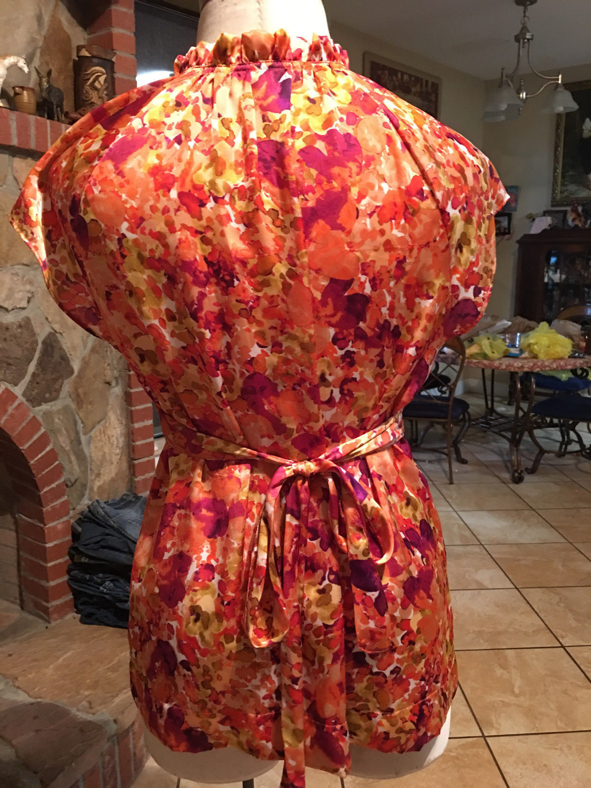 Apt 9 Blouse XLARGE Ruffle Orange Multi Unique Print Blouse