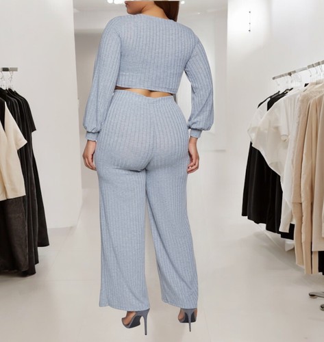 Casual Pant & Cropped Top Women’s Gray Set 2 Pieces Ribbed Knit Long Sleeves L - Picture 2 of 5