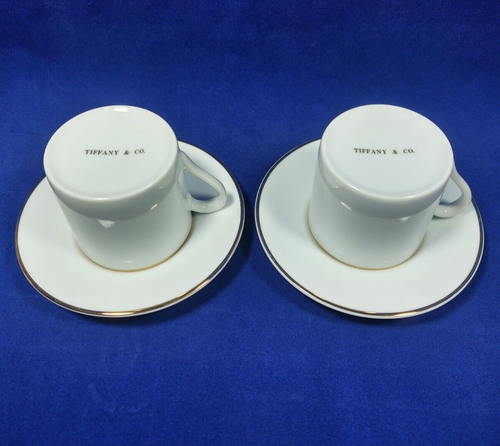 Vintage Tiffany & Co. Demitasse Espresso Cups & Saucers White Gold Rim Set of 2 - Picture 3 of 7