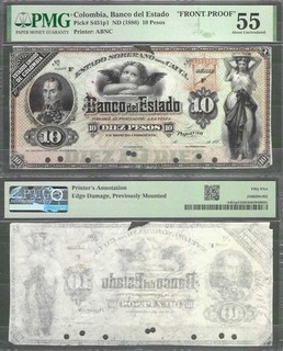 Colombia P S451p1 10 Pesos Front Proof ND (1886) PMG 55