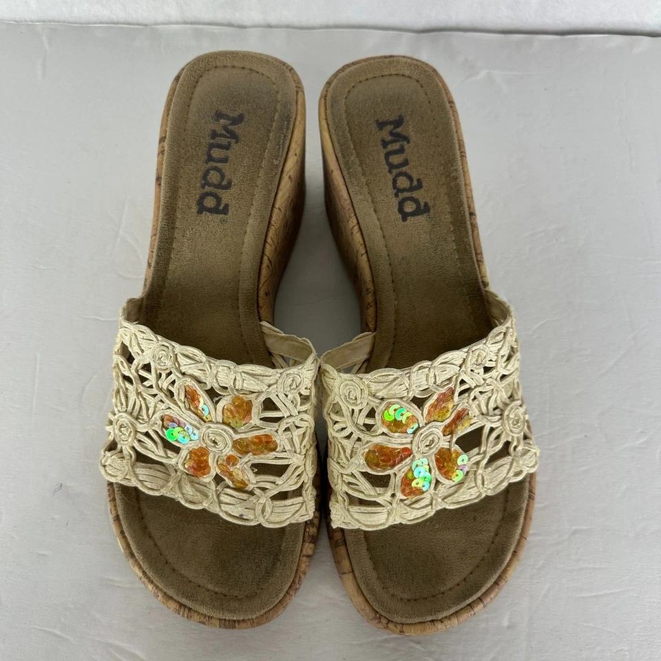 Sandalia Mudd Vintage Y2K Plataforma Corcho Talla 9 Rafia Floral Lentejuelas Años 90 Gruesa Foto 4 de 4
