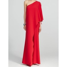 Min 150 Halston Ignacia One Shoulder Cape Jumpsuit Red Lace Up Size 4 NWOT