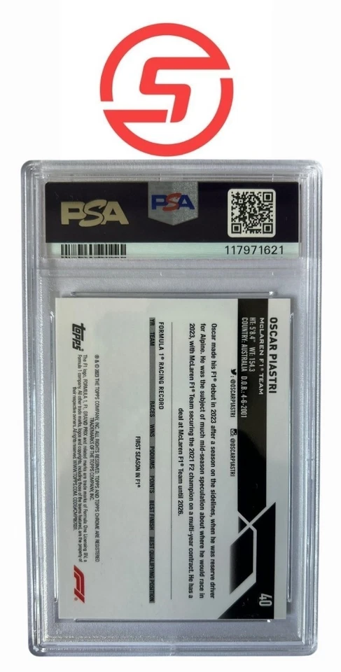 2023 Topps Chrome Formula 1 Oscar Piastri #40 Purple X Fractor ROOKIE /199 PSA 9 - Image 2 of 2