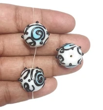 Qty. 10 - 16mm Round Bumpy & Swirly Blue, Black & White Lampwork Glass Beads