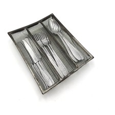 Vintage German Dollhouse Metal Flatware Set 18 Pieces Wire Tray